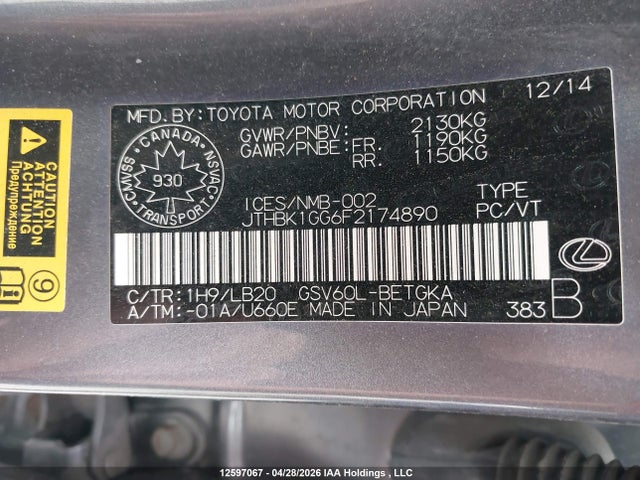 Aukcja sprzedaży 2015 Lexus Es 350 350, vin: JTHBK1GG6F2174890, numer aukcji: 12597067