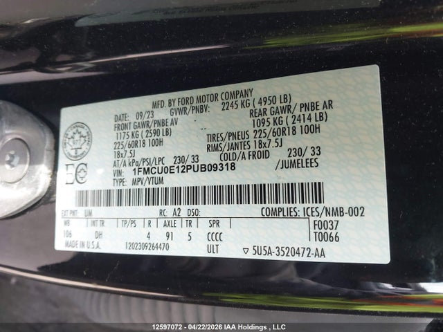 12597072 :رقم المزاد ، 1FMCU0E12PUB09318 vin ، 2023 Ford Escape مزاد بيع