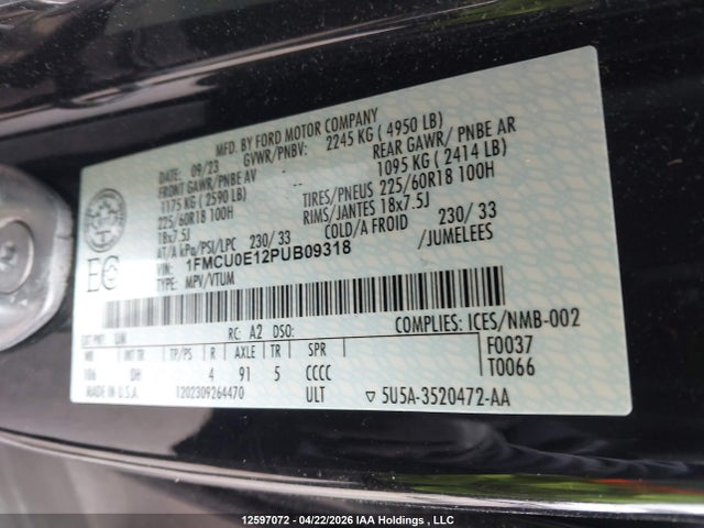 12597072 :رقم المزاد ، 1FMCU0E12PUB09318 vin ، 2023 Ford Escape مزاد بيع
