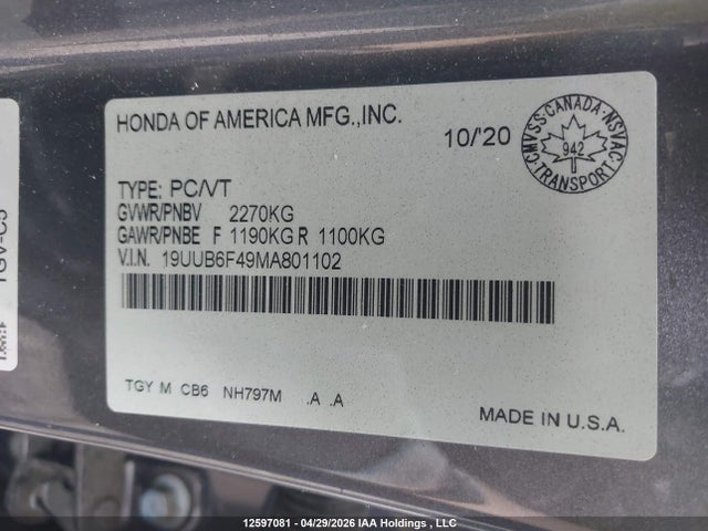 19UUB6F49MA801102 Acura Tlx Technology