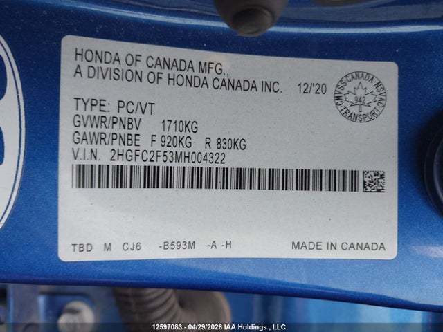 Продаж на аукціоні авто 2021 Honda Civic Lx, vin: 2HGFC2F53MH004322, номер лоту: 12597083