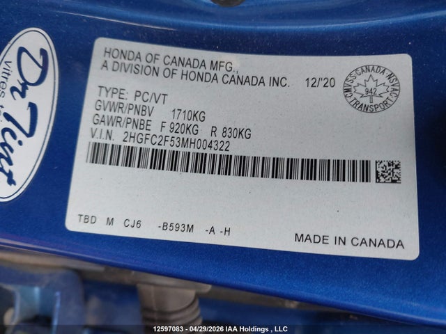 Продаж на аукціоні авто 2021 Honda Civic Lx, vin: 2HGFC2F53MH004322, номер лоту: 12597083
