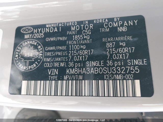 12597085 :رقم المزاد ، KM8HA3AB0SU332755 vin ، 2025 Hyundai Kona مزاد بيع