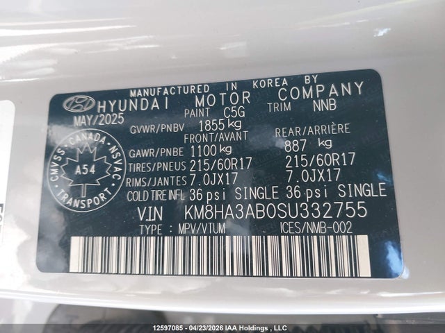 12597085 :رقم المزاد ، KM8HA3AB0SU332755 vin ، 2025 Hyundai Kona مزاد بيع