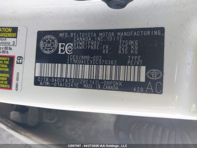 12597087 :رقم المزاد ، 2T1KU4EEXDC970362 vin ، 2013 Toyota Corolla Matrix مزاد بيع