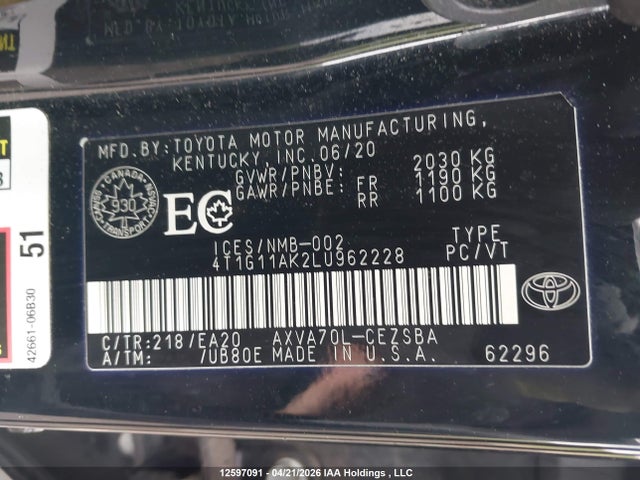 12597091 :رقم المزاد ، 4T1G11AK2LU962228 vin ، 2020 Toyota Camry Se مزاد بيع