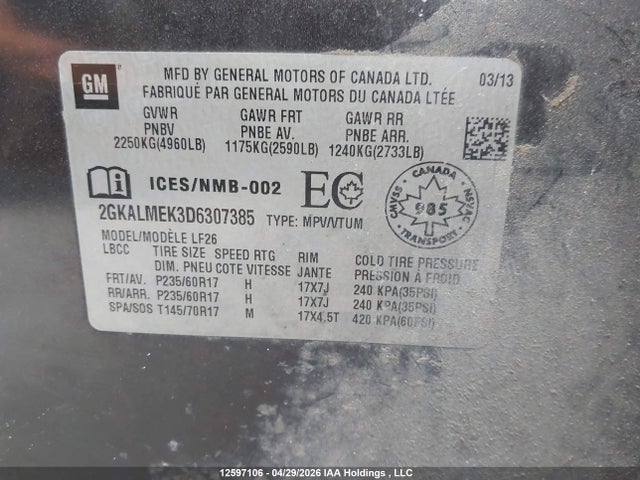 Aukcja sprzedaży 2013 Gmc Terrain Sle, vin: 2GKALMEK3D6307385, numer aukcji: 12597106