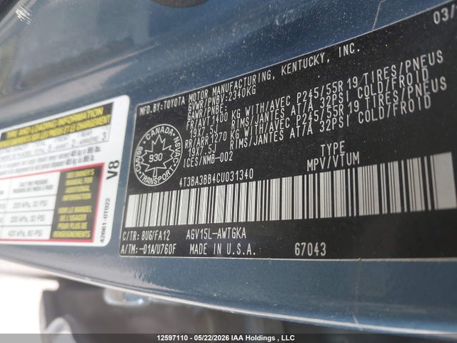 Aukcja sprzedaży 2012 Toyota Venza Le/xle, vin: 4T3BA3BB4CU031340, numer aukcji: 12597110