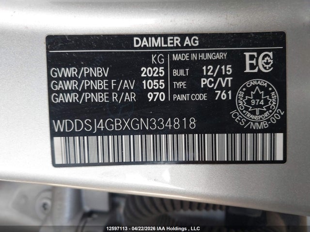 12597113 :رقم المزاد ، WDDSJ4GBXGN334818 vin ، 2016 Mercedes-benz Cla 250 4matic مزاد بيع