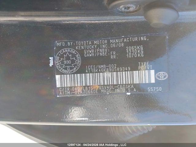 2009 Toyota Camry მანქანა იყიდება აუქციონზე, vin: 4T1BK46K89U589349, აუქციონის ნომერი: 12597124