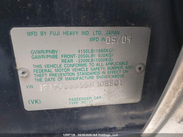 2005 Subaru Forester 2.5xs მანქანა იყიდება აუქციონზე, vin: JF1SG65665H708501, აუქციონის ნომერი: 12597125