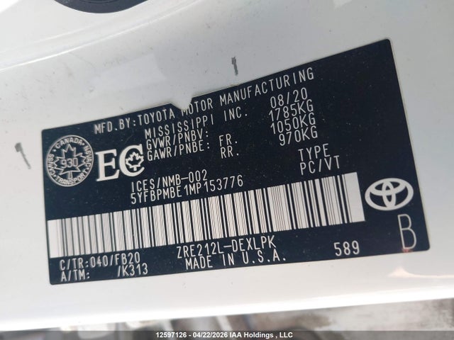 12597126 :رقم المزاد ، 5YFBPMBE1MP153776 vin ، 2021 Toyota Corolla Le مزاد بيع