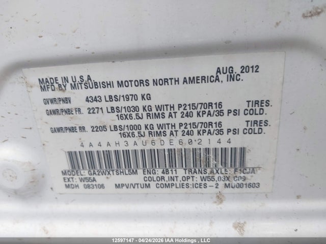 Продажа на аукционе авто 2013 Mitsubishi Rvr Se, vin: 4A4AH3AU6DE602144, номер лота: 12597147