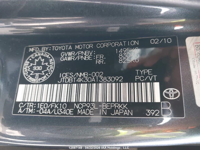 2010 Toyota Yaris მანქანა იყიდება აუქციონზე, vin: JTDBT4K30A1383092, აუქციონის ნომერი: 12597149