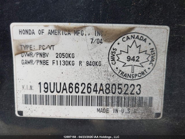 12597158 :رقم المزاد ، 19UUA66264A805223 vin ، 2004 Acura Tl مزاد بيع
