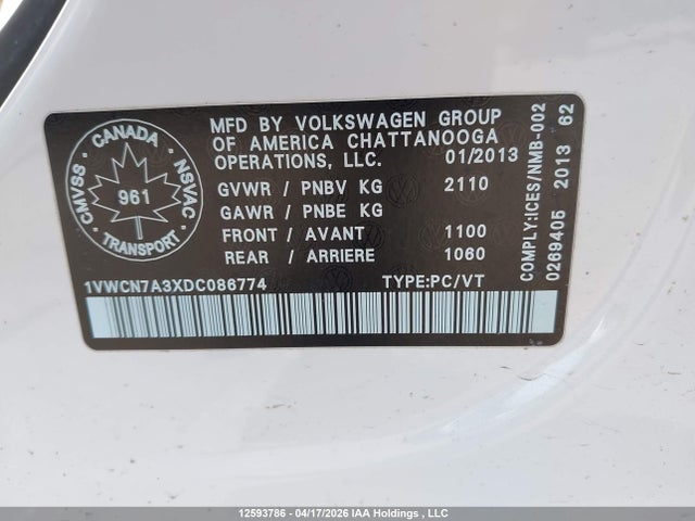 2013 Volkswagen Passat 2.0 Tdi Highline მანქანა იყიდება აუქციონზე, vin: 1VWCN7A3XDC086774, აუქციონის ნომერი: 12593786