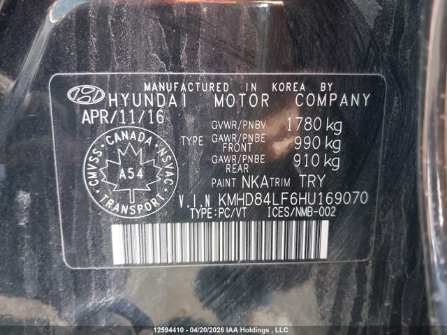 KMHD84LF6HU169070 Hyundai Elantra Gls