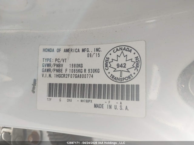 1HGCR2F07GA800774 Honda Accord