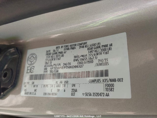 12597173 :رقم المزاد ، 1FTEW1EP7HKD99327 vin ، 2017 Ford F150 Supercrew مزاد بيع