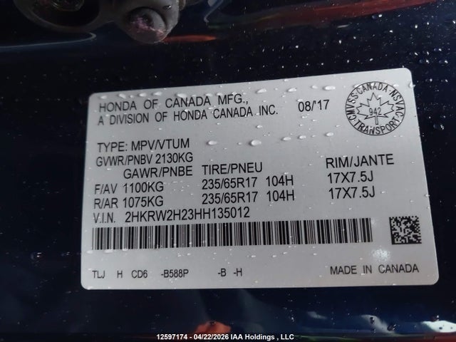 12597174 :رقم المزاد ، 2HKRW2H23HH135012 vin ، 2017 Honda Cr-v Lx مزاد بيع