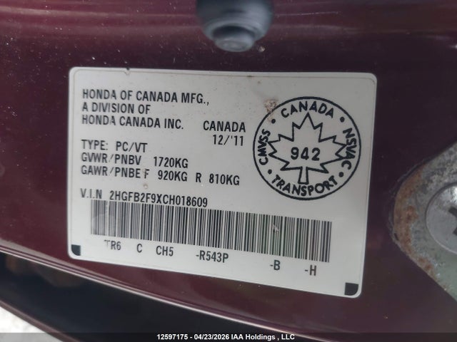 Aukcja sprzedaży 2012 Honda Civic Exl, vin: 2HGFB2F9XCH018609, numer aukcji: 12597175