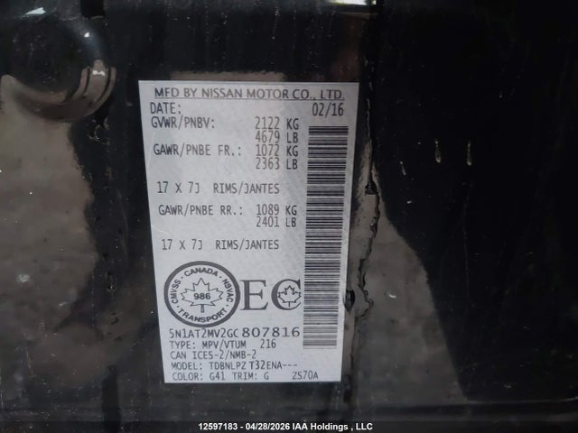 5N1AT2MV2GC807816 Nissan Rogue S/sl Premium/sv