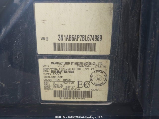 Продажа на аукционе авто 2011 Nissan Sentra 2.0/2.0s/sr/2.0sl, vin: 3N1AB6AP7BL674989, номер лота: 12597184