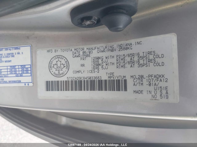 Продаж на аукціоні авто 2004 Toyota Sienna Le V6, vin: 5TDZA29C84S033683, номер лоту: 12597189