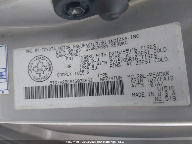 Продаж на аукціоні авто 2004 Toyota Sienna Le V6, vin: 5TDZA29C84S033683, номер лоту: 12597189