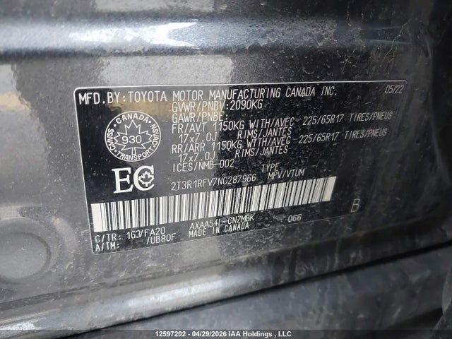 12597202 :رقم المزاد ، 2T3R1RFV7NC287966 vin ، 2022 Toyota Rav4 Xle مزاد بيع