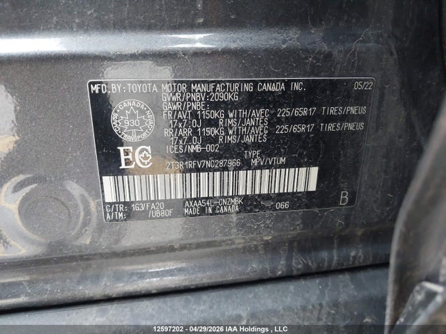 12597202 :رقم المزاد ، 2T3R1RFV7NC287966 vin ، 2022 Toyota Rav4 Xle مزاد بيع