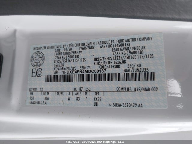 Продажа на аукционе авто 2021 Ford Econoline E450 Super Duty Cutaway Van, vin: 1FDXE4FN4MDC00187, номер лота: 12597204