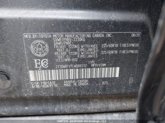 2020 Toyota Rav4 Limited მანქანა იყიდება აუქციონზე, vin: 2T3DWRFV7LW088312, აუქციონის ნომერი: 12597210