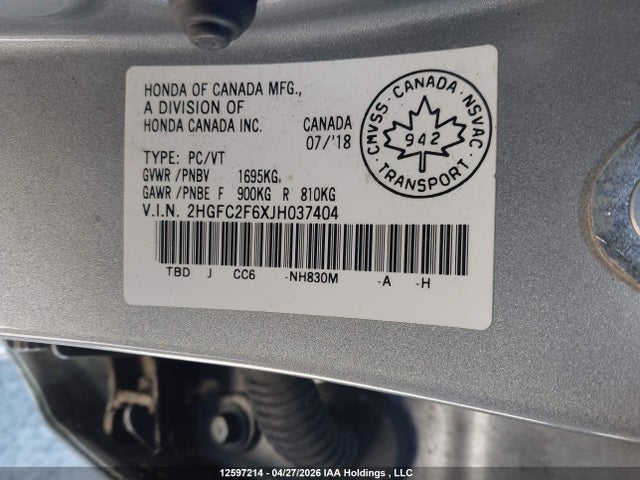 2018 Honda Civic Se მანქანა იყიდება აუქციონზე, vin: 2HGFC2F6XJH037404, აუქციონის ნომერი: 12597214