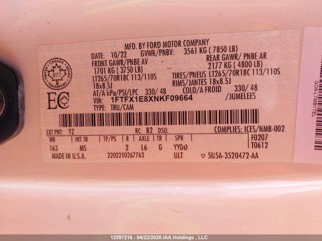 Ford F150 Super Cab 2022 1FTFX1E8XNKF09664 Image 9