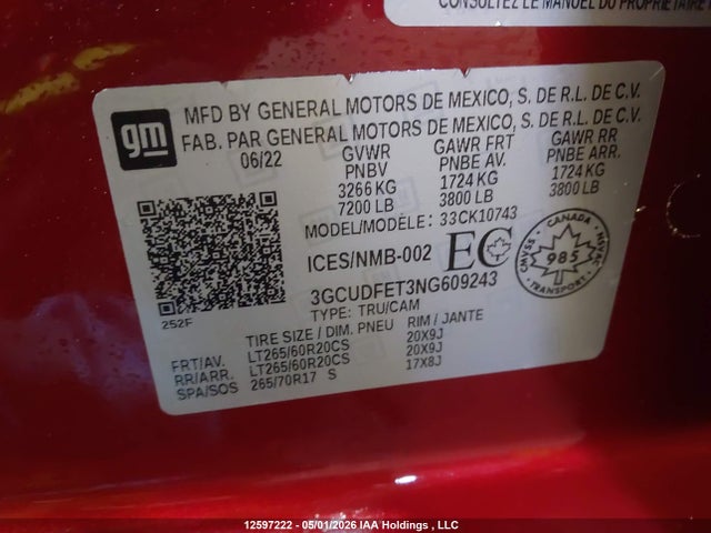 3GCUDFET3NG609243 Chevrolet Silverado K1500 Lt Trail Boss