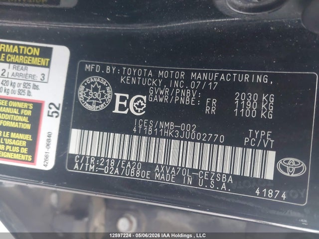 4T1B11HK3JU002770 Toyota Camry L/le/xle/se/xse