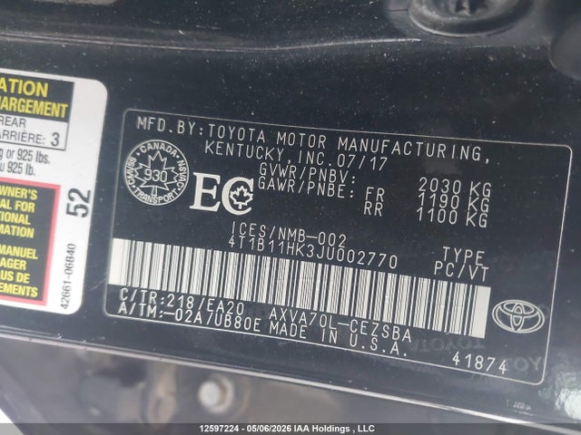 4T1B11HK3JU002770 Toyota Camry L/le/xle/se/xse