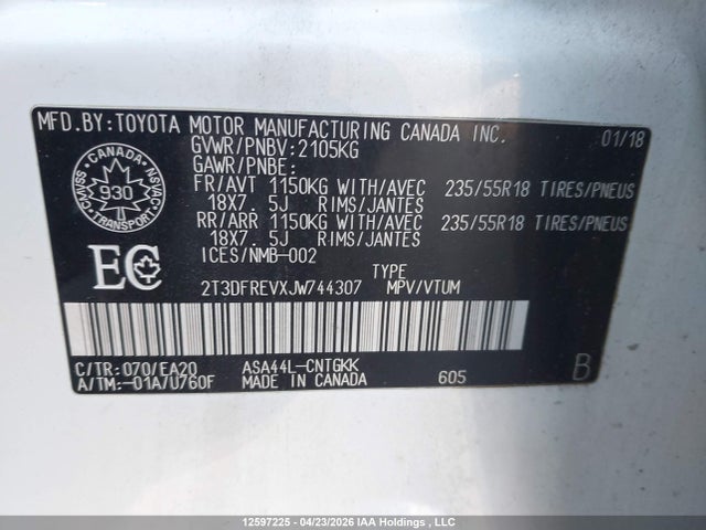 2T3DFREVXJW744307 Toyota Rav4 Limited