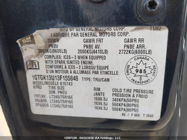12597226 :رقم المزاد ، 1GTGK13U13F155848 vin ، 2003 Gmc Sierra 1500hd مزاد بيع