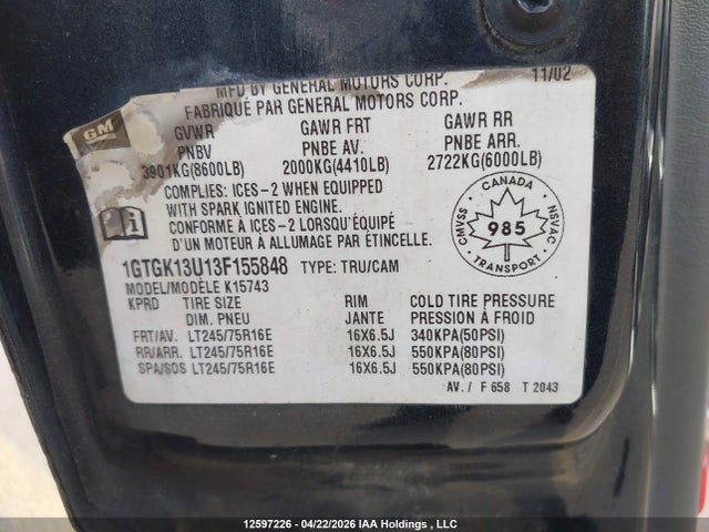 12597226 :رقم المزاد ، 1GTGK13U13F155848 vin ، 2003 Gmc Sierra 1500hd مزاد بيع