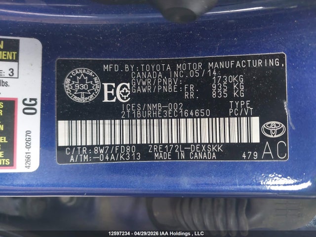 12597234 :رقم المزاد ، 2T1BURHE3EC164650 vin ، 2014 Toyota Corolla S مزاد بيع