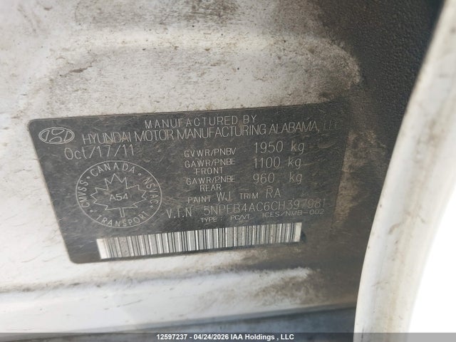 2012 Hyundai Sonata Gl მანქანა იყიდება აუქციონზე, vin: 5NPEB4AC6CH397981, აუქციონის ნომერი: 12597237