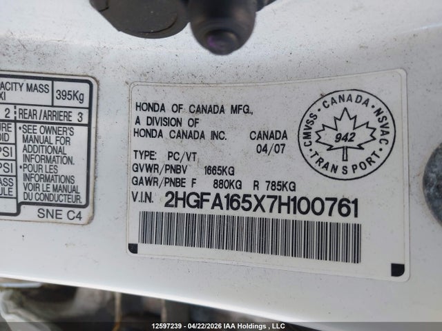 Продажа на аукционе авто 2007 Honda Civic Lx, vin: 2HGFA165X7H100761, номер лота: 12597239