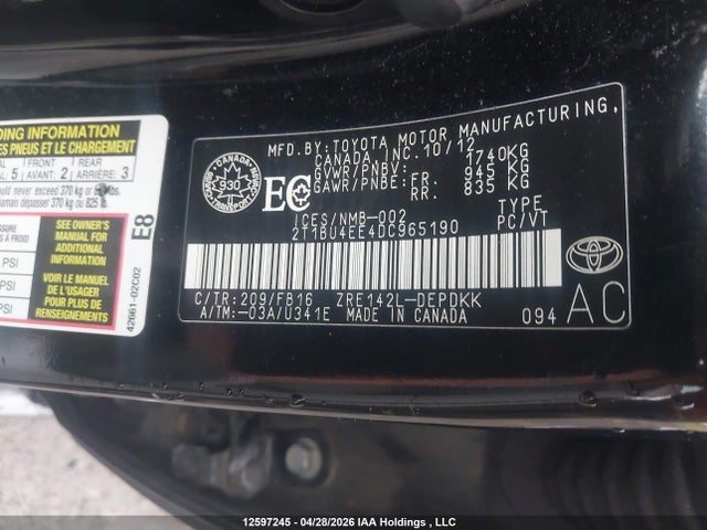 12597245 :رقم المزاد ، 2T1BU4EE4DC965190 vin ، 2013 Toyota Corolla Ce مزاد بيع