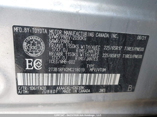 Auction sale of the 2021 Toyota Rav4 Le, vin: 2T3B1RFV2MC218019, lot number: 12597247
