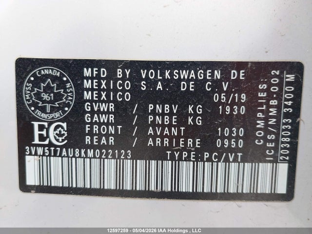 12597259 :رقم المزاد ، 3VW5T7AU8KM022123 vin ، 2019 Volkswagen Gti S/se/autobahn/rabbit Edition مزاد بيع