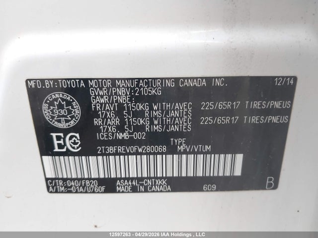 2015 Toyota Rav4 Le მანქანა იყიდება აუქციონზე, vin: 2T3BFREV0FW280068, აუქციონის ნომერი: 12597263