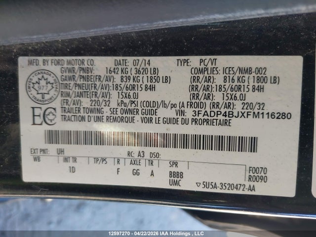 2015 Ford Fiesta Se მანქანა იყიდება აუქციონზე, vin: 3FADP4BJXFM116280, აუქციონის ნომერი: 12597270