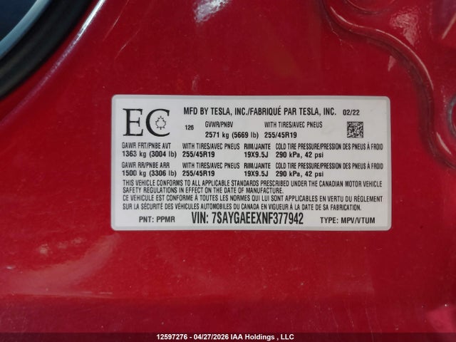 7SAYGAEEXNF377942 Tesla Model Y Long Range